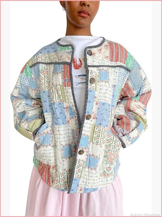 Jackets & Blazers - Women's Floral Print Quilted Puffer Jacket Long Sleeve Lightweight Open Front
